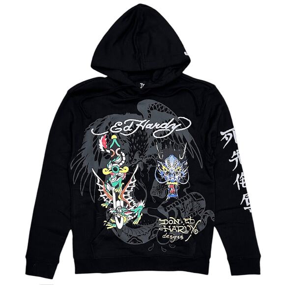Ed Hardy Men's Hoodie Dragons Fleece Pullover Sweatshirt in Black - Picture 2 of 8